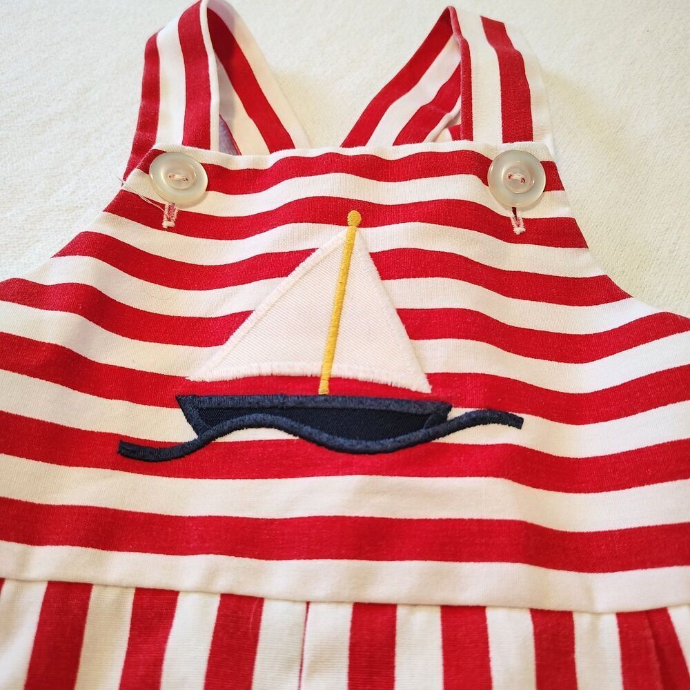 Vtg Kelly’s Kids Sailboat Romper Red White Stripe Nautical Overall Shortall 2T - Picture 3 of 5